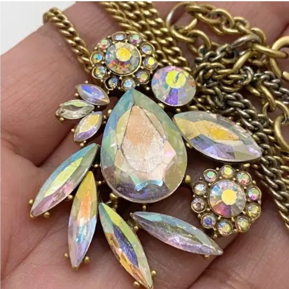 J. CREW Aurora Borealis Rhinestone Pendant 32" Long Necklace w/ Gold Tone Chain